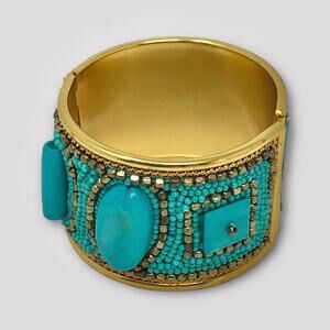 Cuff Boho Bracelet Gold Tone &  Glass Beads with Faux Turquoise
